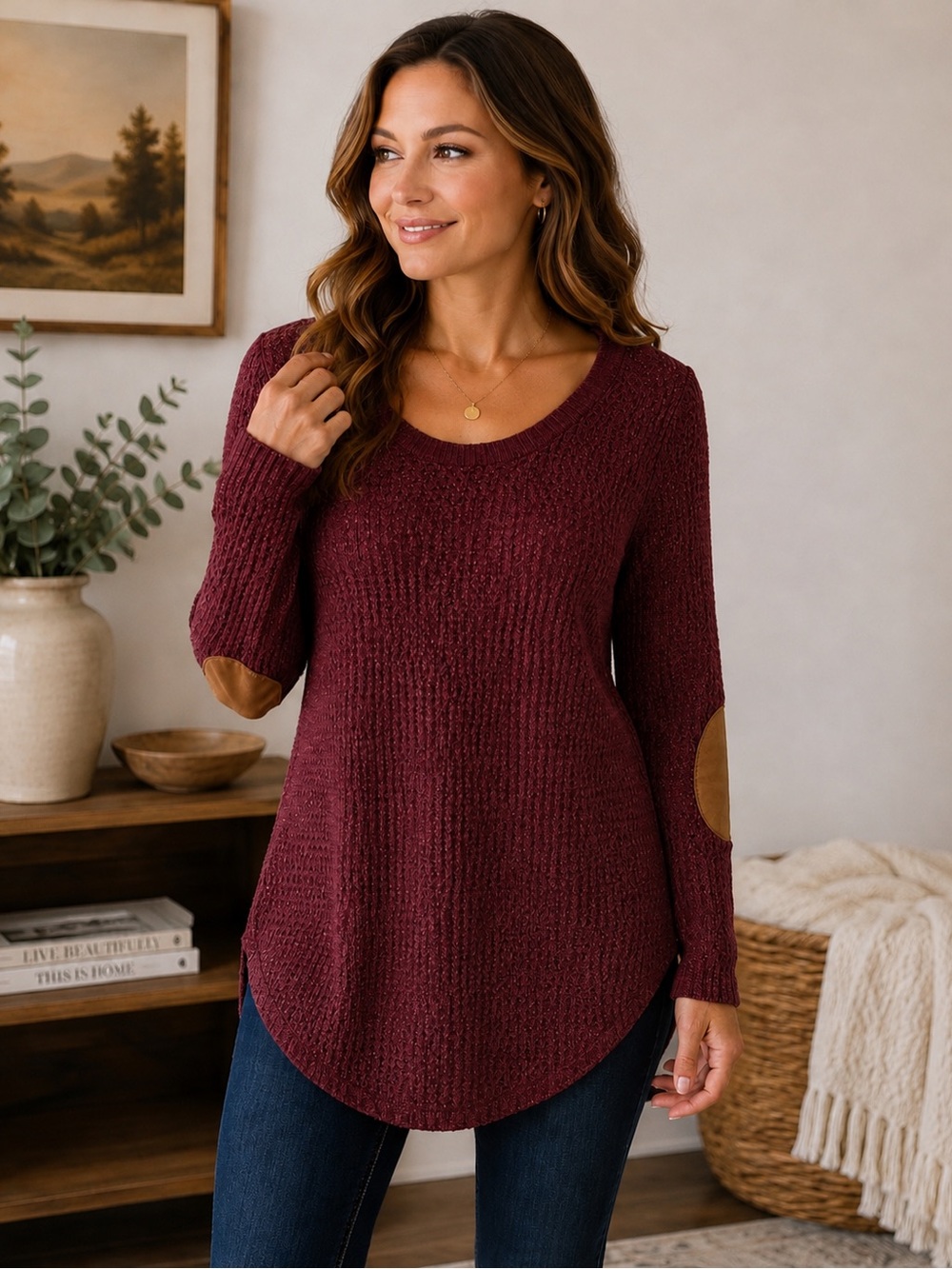 Lety & Me Women’s Medium Burgundy Tunic Sweater Faux Leather Elbow Patch